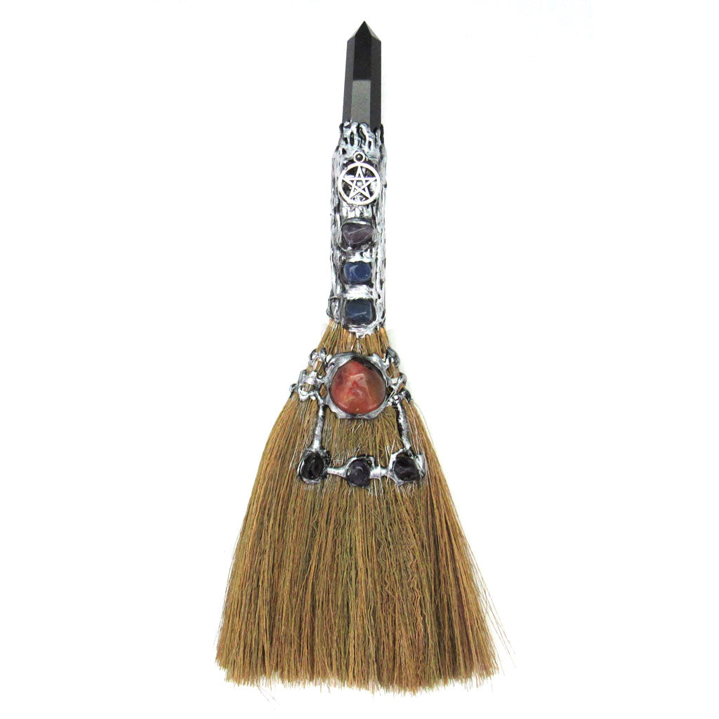 Pentagram Besom with Carnelian and Black Obsidian