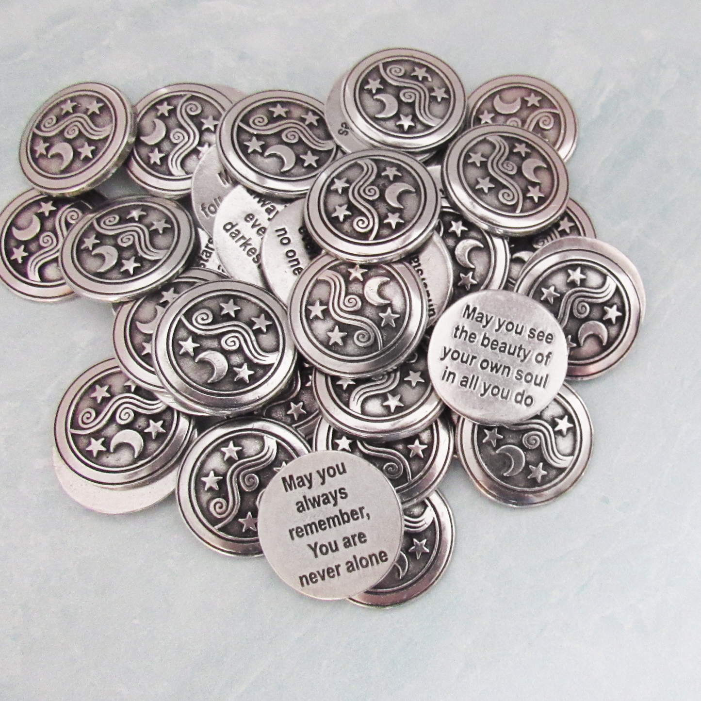 Moon & Stars Pewter Pocket Stone (Choose Style) May the road always lead where you need to be