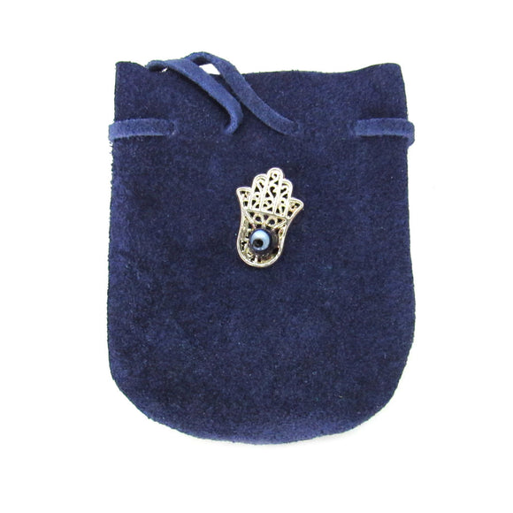 Suede Leather Pouch with Hamsa Charm (Blue)