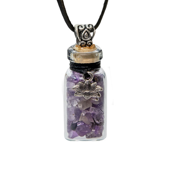 Gemstone Bottle Necklace (Amethyst with Lotus Charm)