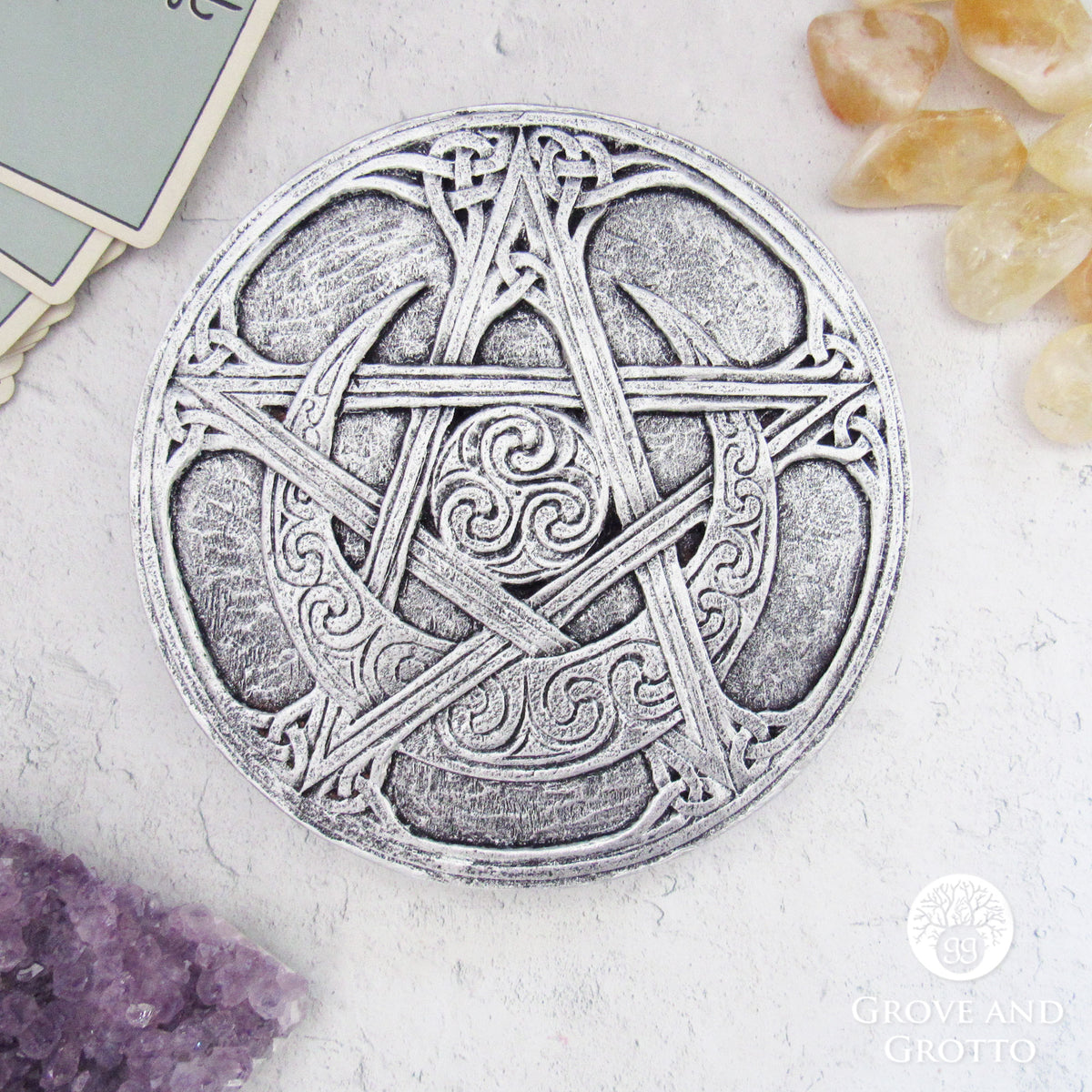 Dryad Design White Witch Moon Pentacle Necklace - Sterling Silver With Rainbow Moonstone Pagan/Wiccan Pendant Jewelry For Women & Men