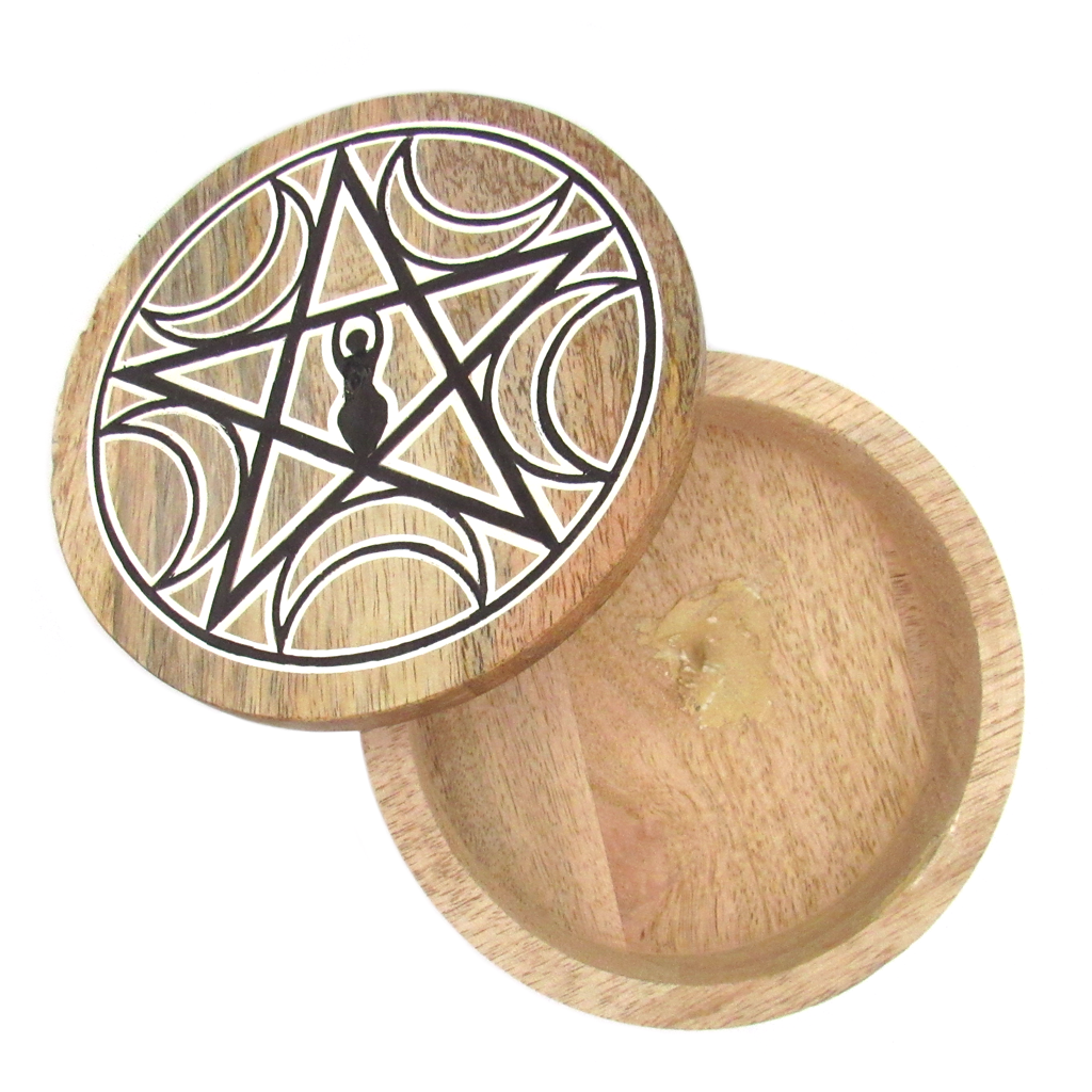 Round Wooden Goddess and Pentagram Box