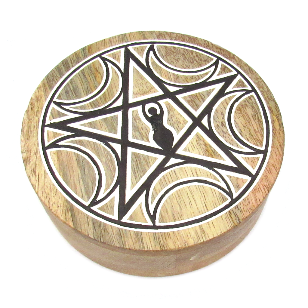 Round Wooden Goddess and Pentagram Box