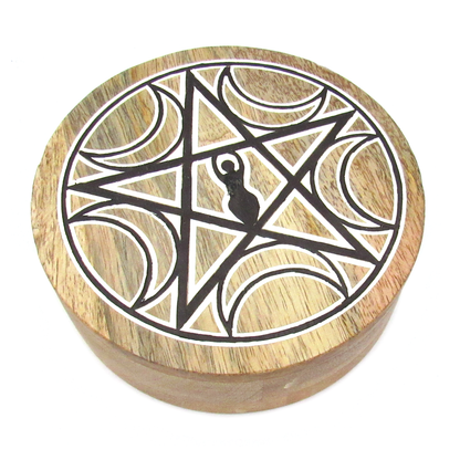 Round Wooden Goddess and Pentagram Box