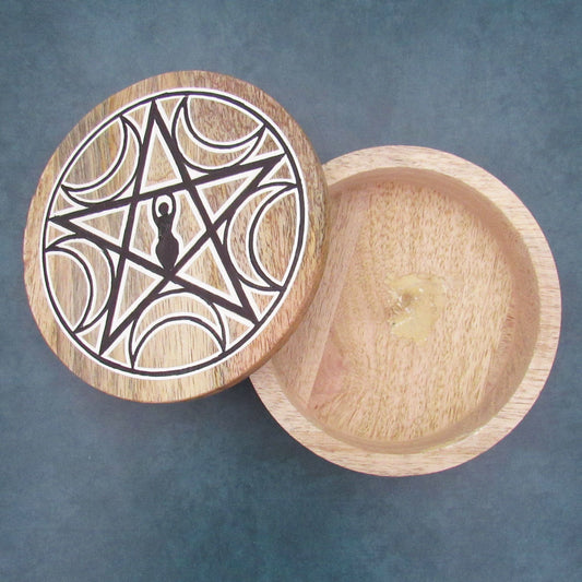 Round Wooden Goddess and Pentagram Box