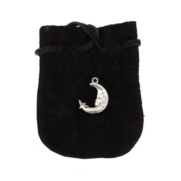 Suede Leather Pouch with Moon Charm (Black)