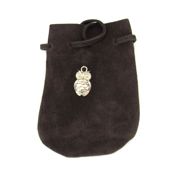 Suede Leather Pouch with Owl Charm (Brown)