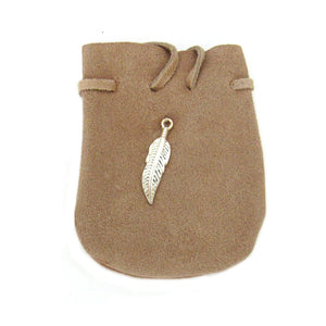 Suede Leather Pouch with Feather Charm (Tan)