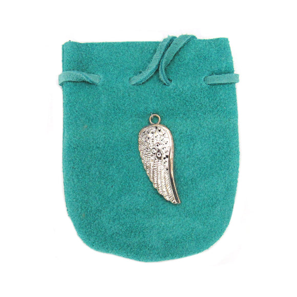 Suede Leather Pouch with Wing Charm (Teal)