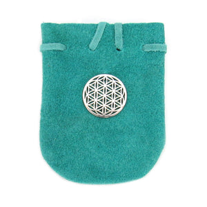 Suede Leather Pouch with Flower of Life Charm (Teal)