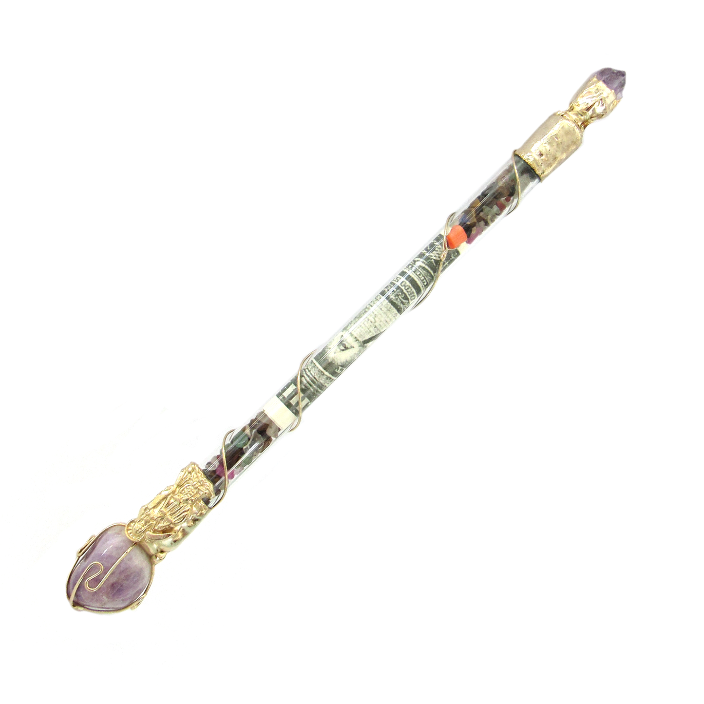 Money Drawing Wand with Santa Muerte Charm and Amethyst Crystal