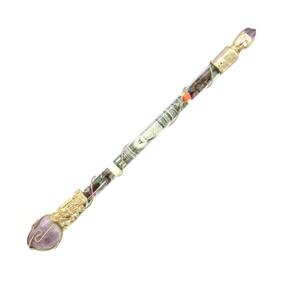 Money Drawing Wand with Santa Muerte Charm and Amethyst Crystal