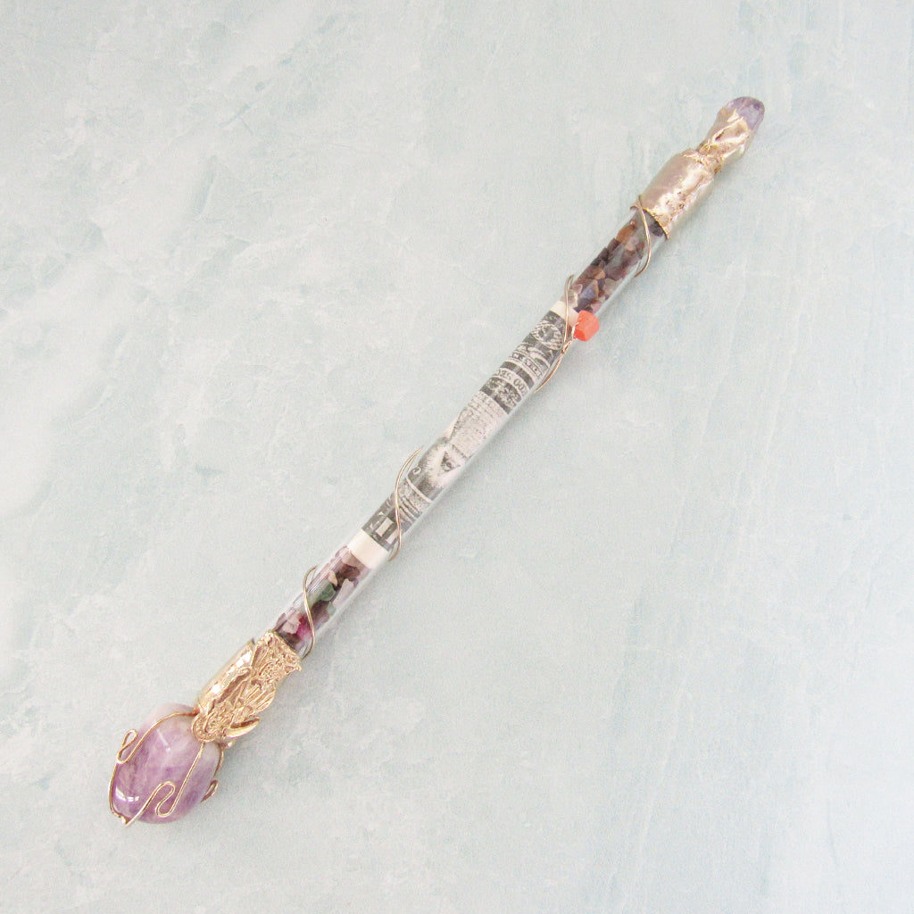 Money Drawing Wand with Santa Muerte Charm and Amethyst Crystal