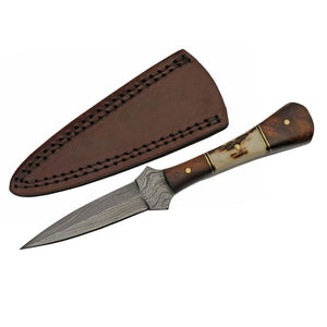 Damascus Boot Knife with Wood and Bone Handle