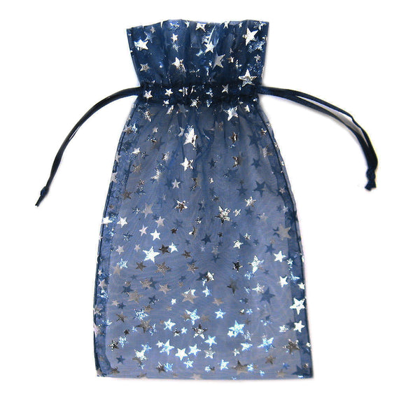Blue Organza Pouch with Silver Stars (4x5 Inches)
