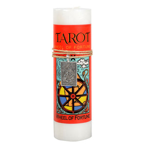 The Wheel of Fortune Tarot Pillar Candle with Pewter Pendant