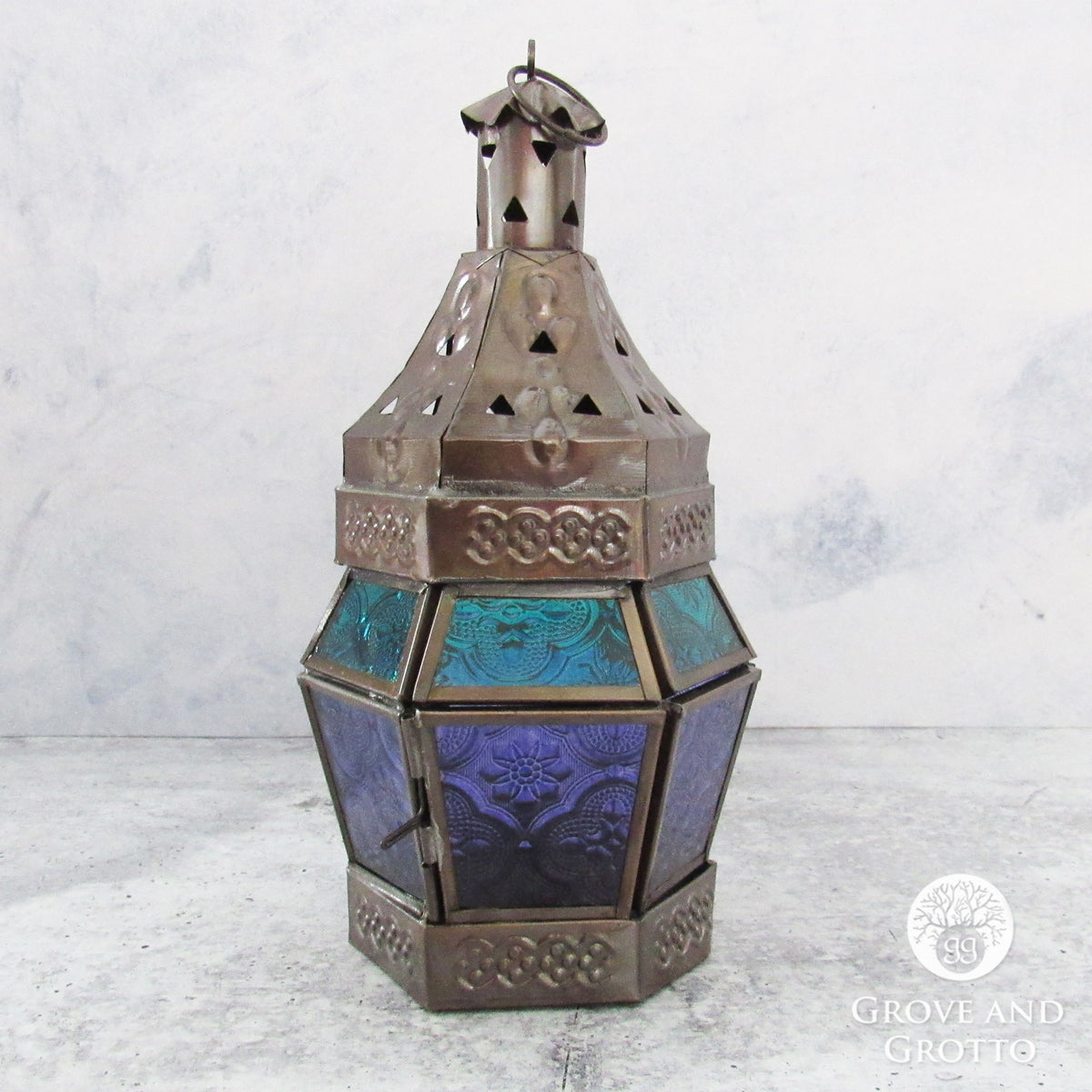 Purple and Teal Glass and Metal Lantern – Grove and Grotto