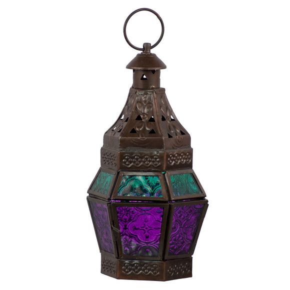 Purple and Teal Glass and Metal Lantern