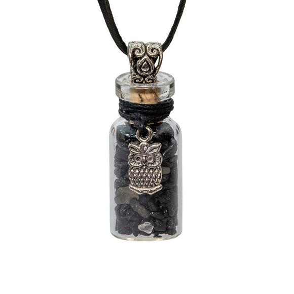Gemstone Bottle Necklace (Black Tourmaline with Owl Charm)