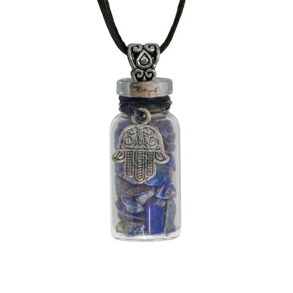 Gemstone Bottle Necklace (Lapis Lazuli with Hamsa)