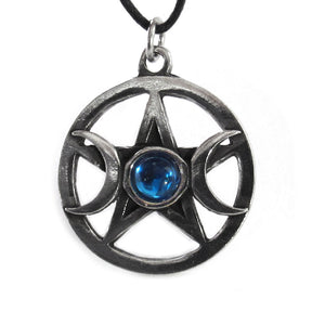 Triple Moon Pentagram Pendant with Gem (Blue)