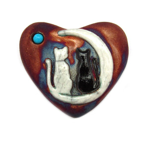 Raku Ceramic Heart (Cats and Moon)